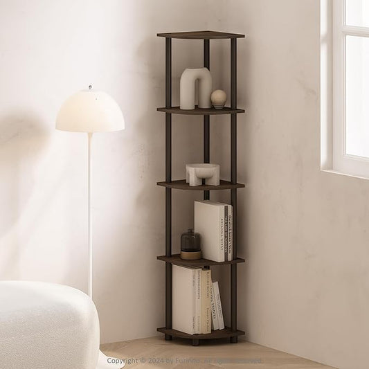 Furinno Turn-N-Tube Corner Shelf, 5-Tier Corner Display Rack, Shelving Unit, for Organization and Storage, Living Room, Home Office, Garage, Bedroom, Walnut