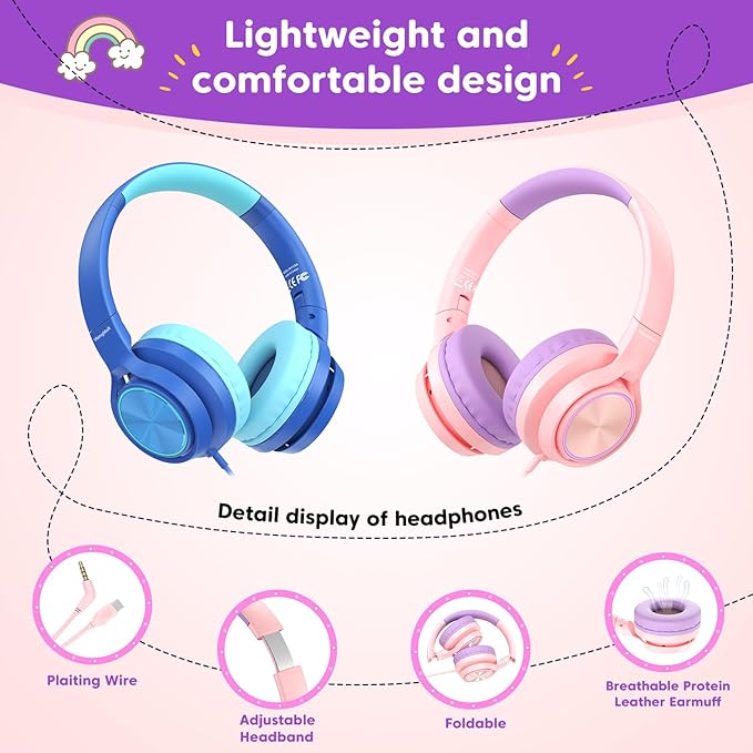 Kids Headphones for School Travel, Upgrade USB Type C Safe Volume 94dB, with Mic HD Stereo Sound Foldable On-Ear Headphones for Boys/Girls/Students/Tablet/Travel Pink