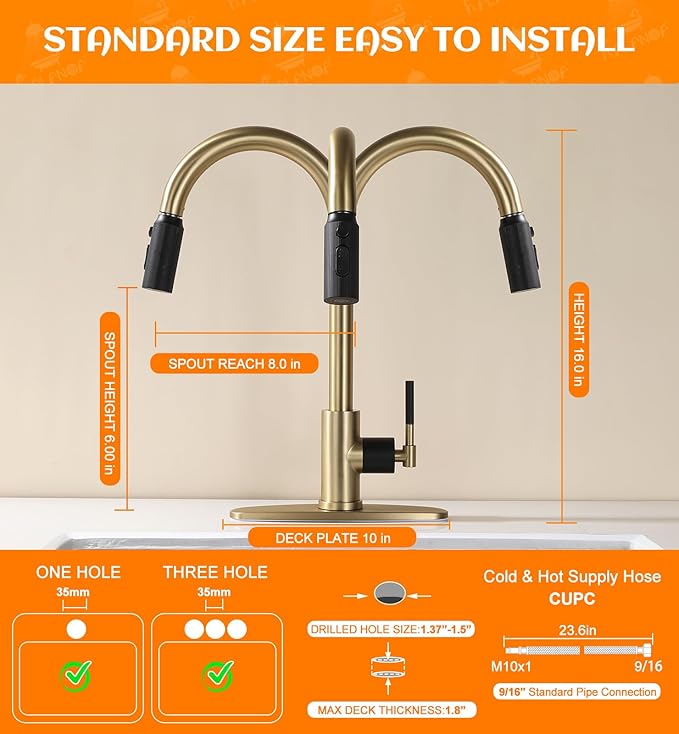 Gold Kitchen Faucet -High Arc Single Handle Stainless Steel Kitchen Sink Faucet with Pull Down Sprayer- 3 Spray Modes，1.5GPM High Flow Modren Sink Faucets for Rv Farmhouse Bar