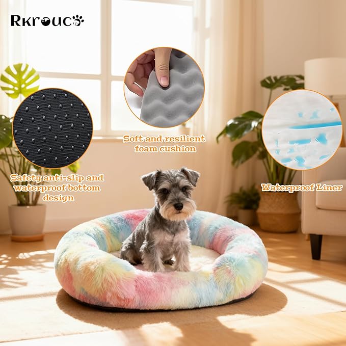 Fluffy Dog Bed Calming Donut Beds for Large Dogs Warming Round Small Medium Pet Nest Cozy Cat Mattress Indoor Washable Puppy Kennel Kittens Sleep Mat (L, 35.4×35.4 inch, Rainbow)