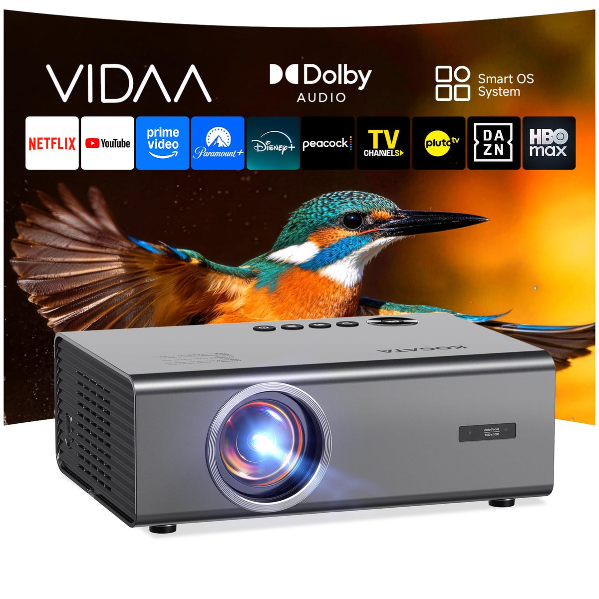 Smart Projector-4K with Wifi Bluetooth, AI Auto Focus Keystone Outdoor Home Theater VIDAA Movie Projector Built-in Apps, 60W Dolby, Airplay, Voice Control, Live TV, Ceiling, Gaming, Camping