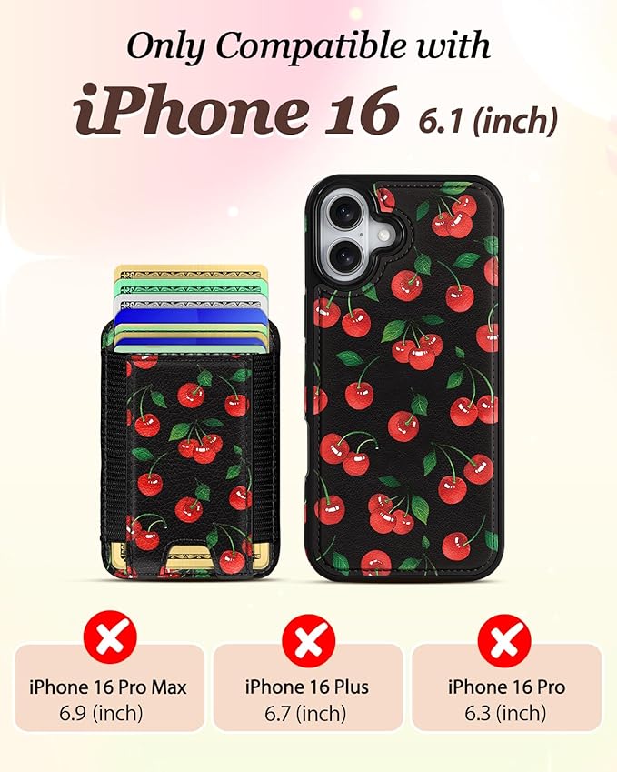 Shorogyt for iPhone 16 Wallet Case - Fits 5 Cards, Compatible with Magsafe Detachable Magnetic Credit Card Holder Leather Cardholder Cute Phone Cover Women Girls for Apple 16, Cherry