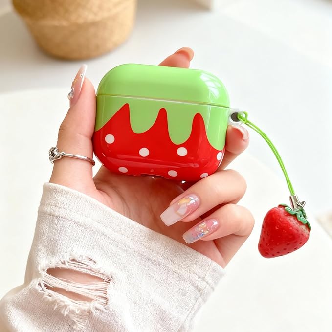 for AirPods Pro 3 Case 2025 - Soft Silicone Shockproof Full Protective Cover | Cute Creative Red Strawberry Funny Fruit Design with Strawberry Pendant, for Girls Women