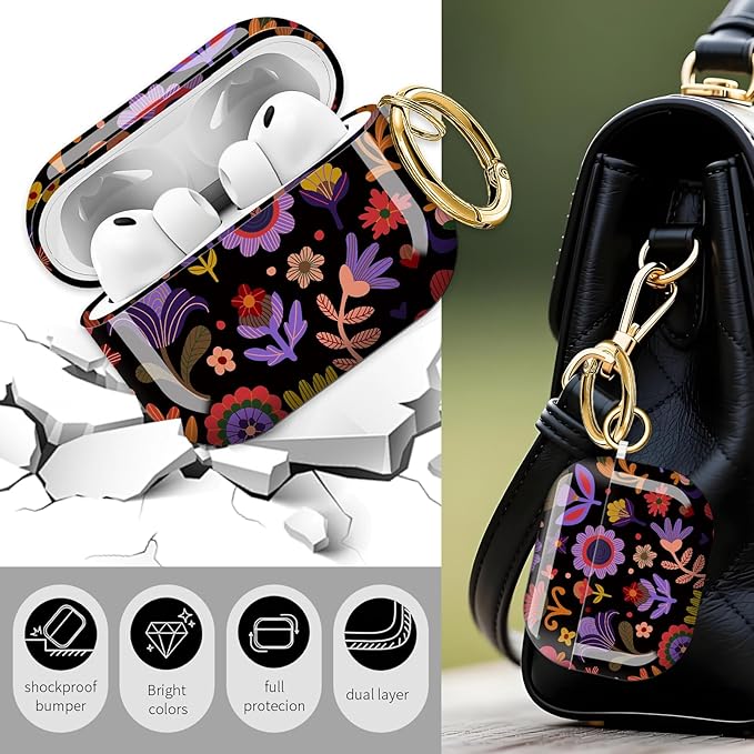 Cute Hard Case Compatible with AirPods Pro 3rd Generation Case (2025), Shockproof Protective Cover with Golden Keychain Ring Clip (Black Flower)
