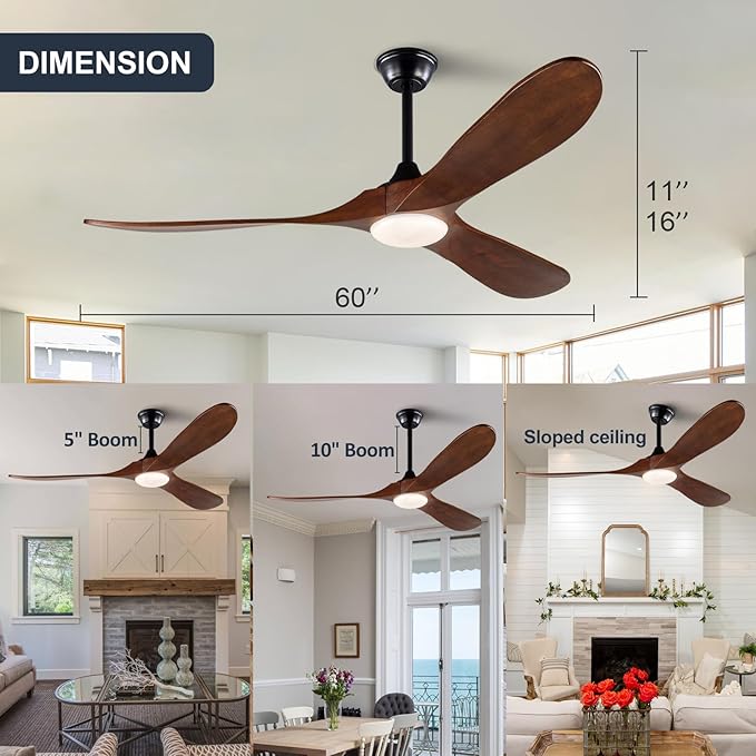 60 Inch Ceiling Fan with Lights and Remote, 3 Wood Fan Blades Ceiling Fan with Quiet Reversible DC Motor Indoor Outdoor for Patios Living Room Bedroom Study