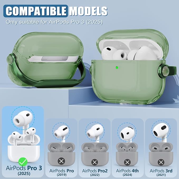 for Airpods Pro 3 Case,Safety Lock Cases for Apple Airpod Pro 3 (2025) with Phone Stand & Cleaner Kit,Drop Protection Air pods Pro3 Case Cover for Men Women with Keychain,Clear Green