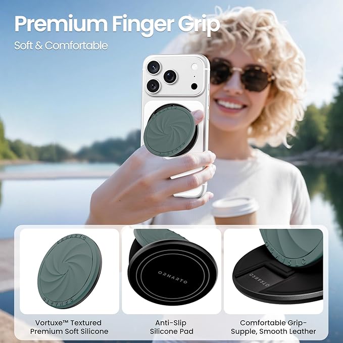 ORNARTO Vortuxe for MagSafe Phone Grip with Kickstand, Soft Liquid Silicone Finger Loop Grip, Phone Ring Holder for Back of Phone, Premium Build & Comfy Touch, Pine Green