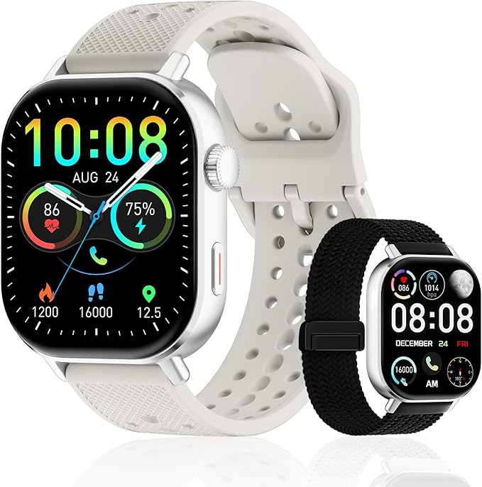 Smart Watch with 2 Bands: Step & Calorie Counter, Heart Rate & Oxygen Sensor, GPS Running, Swimming, Walking, Sports Tracker, Waterproof, Health Monitoring, Music & Call Alert Men Women iOS/Android