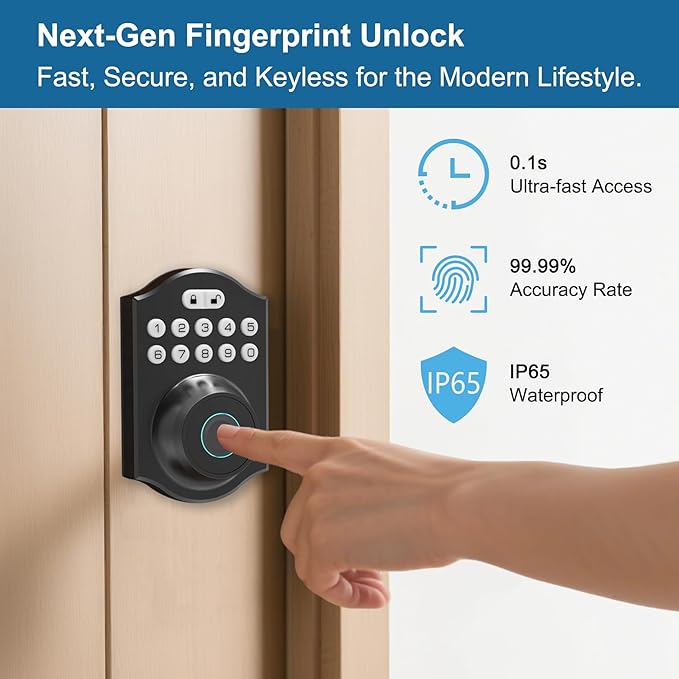 Fingerprint Smart Door Lock Keyless Entry, Keyless Entry Door Lock with Keypad, App Control, Auto Lock, Easy to Install, Smart Deadbolt for Home, Airbnb, Apartment (Black)