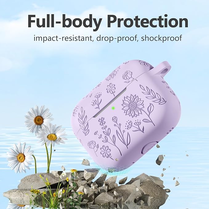 Flower Engraved Case for AirPods Pro 2 Gen with Clean Kit & Keychain, Cute Soft Silicone Protective AirPods Pro Case Cover for Apple AirPods Pro 2nd/1st Generation, Front LED Visible, Lavender