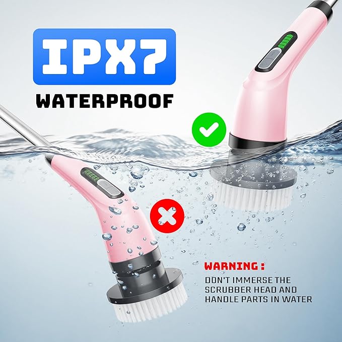 Electric Spin Scrubber - Cordless Bathroom Scrubber with 7 Brush Heads - Dual Speed IPX7 Waterproof Power Scrubber for Heavy-Duty Bathtub, Glass, Tile, and Car Cleaning (Pink)