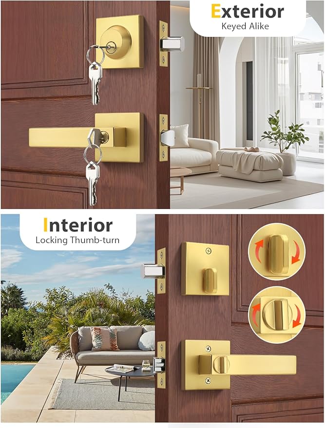 6 Pack Brushed Gold Keyed Alike Front/Exterior Door Lever with Single Cylinder Deadbolt, Satin Brass Entry Door Knob Lock Set Combo Sets, for Entrance/Front and Office Doors