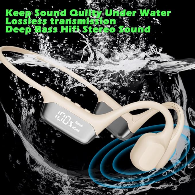AYI Swim Headphones True Bone Conduction Open Ear Headset LED Screen Power Indicator Underwater MP3 Player Built-in 32G Memory IP68 Waterproof Bluetooth Earphone for Sport Running-S10 White