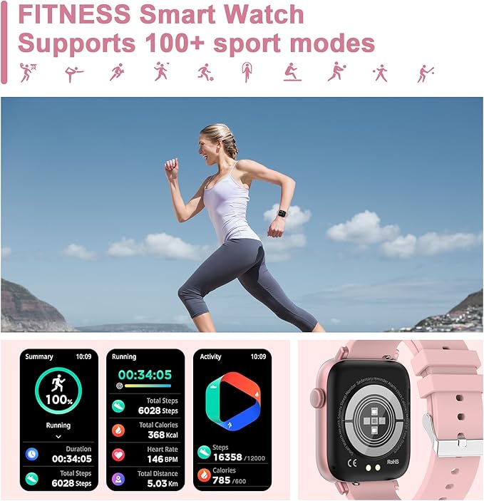 Smart Fitness Tracker Watch with Heart Rate Monitor, Activity Tracker with Pedometer, Sleep Monitor, Calories & Step Counter, Waterproof Smart Watch for Women Men Fitness Watch for Sports (Pink)