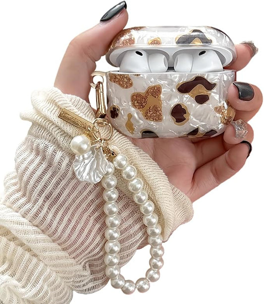 Cute Case for Airpods Pro 3 (2025), Bling Leopard Pattern Soft TPU Protective Cover with Luxury Pearl Shell Keychain for Apple Airpods Pro 3 Charging Case, Leopard Color