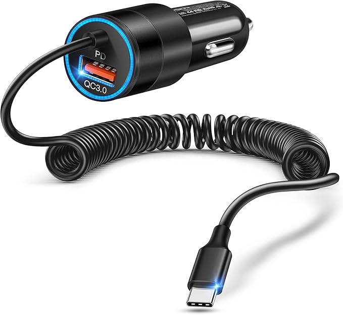 USB C Car Charger, 38W Dual Ports USBC & USB-A Cigarette Lighter Adapter Fast Charging Phone Plug with Bulit-in 1.2m Coiled Cable for iPhone 17 Pro Max,16,16e,15, 14, 13, Galaxy S25, S24, Pixel 7