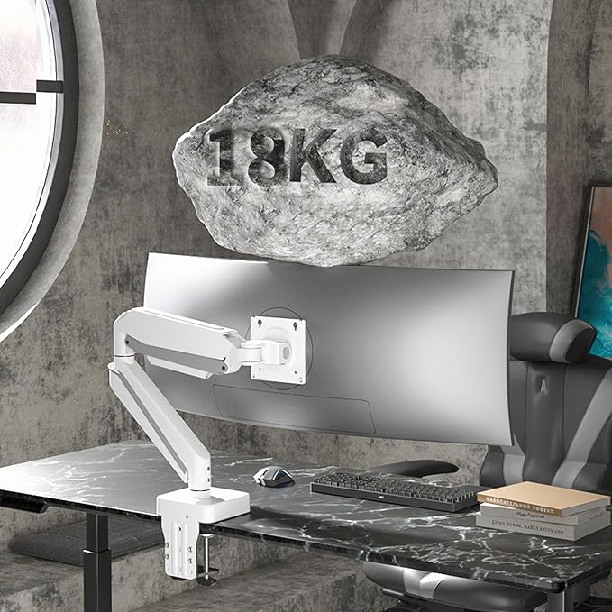White 42 45 Premium Aluminum Heavy Duty Monitor Arm, Fits Ultrawide up to 49 inches and 44 lbs Single Desk Mount Stand, Pneumatic Height Adjustable, Max VESA 100x100, A9W