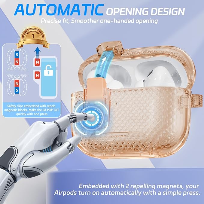 for AirPods Pro 2 Case with Phone Stand & Secure Lock, Auto-Open Clear Cover Compatible with Apple AirPods Pro 2nd/1st Gen (2023,2022,2019) with Cleaning Kit & Keychain (W-Brown)