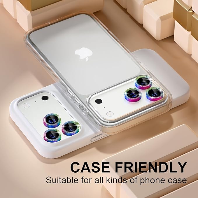 Misea Compatible for iPhone 17 Pro/iPhone 17 Pro Max Camera Lens Protector Bling, 9H Tempered Glass Camera Cover Screen Protector Metal Individual Ring Decoration Accessories, Colorful Diamond