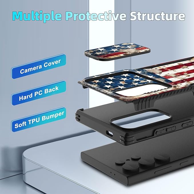 for Galaxy S25 Ultra Case Built in Slide Camera Lens Cover,Heavy Duty Shockproof Protection Dual Layer Case for Samsung Galaxy S25 Ultra 6.9" 2025,Rustic American Flag