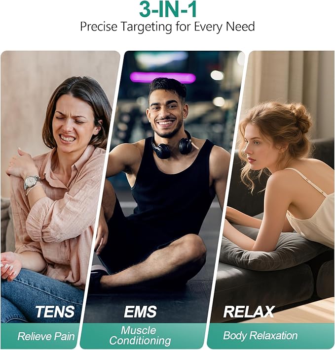 Medcursor Wireless 3-in-1 TENS Unit, Dual-Channel Muscle Stimulator with App Control & Session Memory, EMS Machine with 25 Intensities and 8 Target Areas, Storage Pouch, Designed for Back Pain Relief