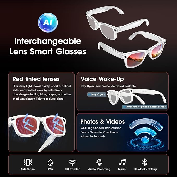 AI Smart Glasses with Camera, 8MP HD Video/Recording Camera Glasses for Men Women (139 Languages), Real-Time Translation, AI Object Recognition, IP65 Waterproof, Bluetooth Sunglasses for Vlog Travel