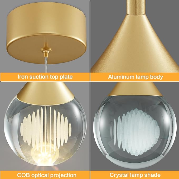 Modern Raindrop Chandelier - Brass Gold Finish Globe Ceiling Hanging Fixture 3 Color Temperature LED Pendant Light with Remote , 4W Teardrop Chandelier for Kitchen Island, Dining Room, Bar (1- light)