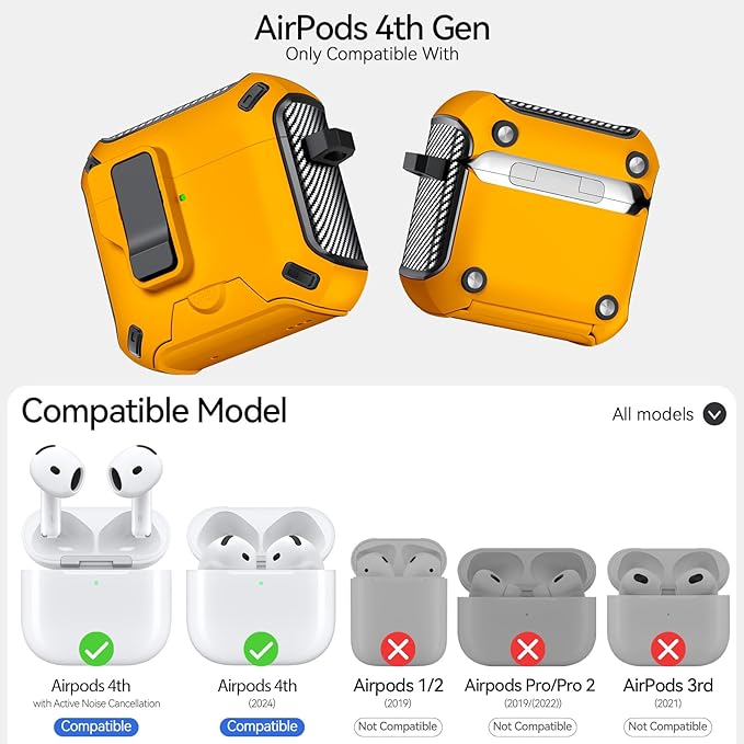 for AirPods 4 Case (2024) with Phone Stand,（with Automatic Snap Switch） Carbon Fiber Design Protection Cover with Cleaning Pen,Yellow