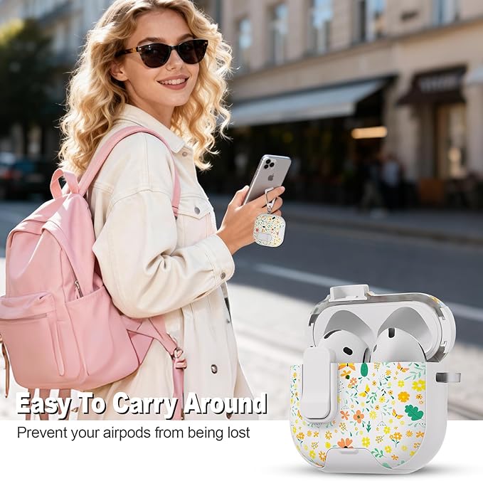 for AirPods 4 Case with Secure Lock Clip in Phone Stand,Floral Girly Style Protective Cover with Cleaning Kit and Hand Strap for Apple AirPod 4 Generation (Four-Leaf Clover)