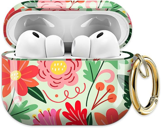 Cute Hard Case Compatible with AirPods Pro 3rd Generation Case (2025), Shockproof Protective Cover with Golden Keychain Ring Clip (Cartoon Flower)