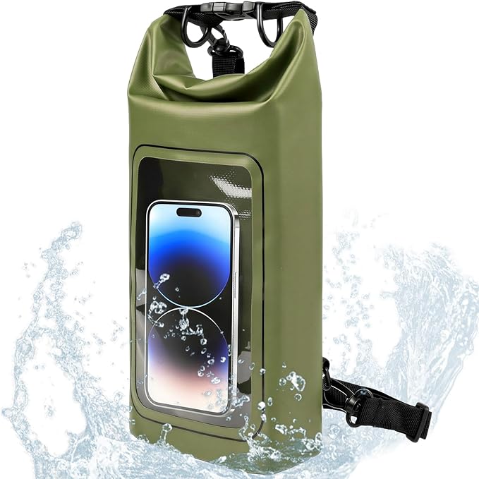 Waterproof Dry Bag, 2L Roll Top Waterproof Bag IPX8 with Crossbody Strap, Phone Clear Window, Phone Pouch Water Protector for Camp Beach Travel, Cruise Essentials, Kayak Accessories (Army Green)