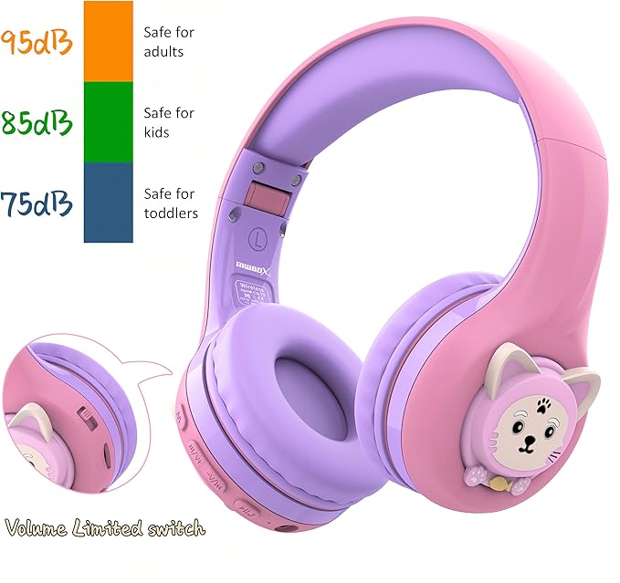 Riwbox CB-7S Kids Wireless Headphones,with Safe Volume Control 74/85/95dB,LED Glow Lights,50H Playtime,Bluetooth V5.3,Built-in Mic, TF Card Slot,for Travel/School/Phone/Laptop(Pink&Purple)
