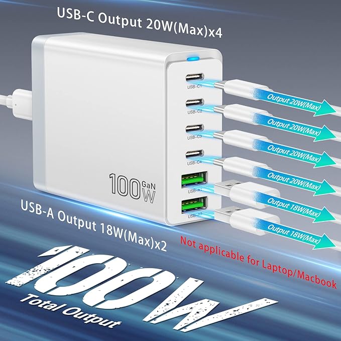 Fast USB C Charging Station,Total 100W 6-Port Charger Block with 4 USB-C and 2 USB-A Ports Quick 3.0 Adapter Hub for iPhone 15 14 13 12 Pro Max, iPad, Galaxy, Pixel Portable Multiport Hub (White)
