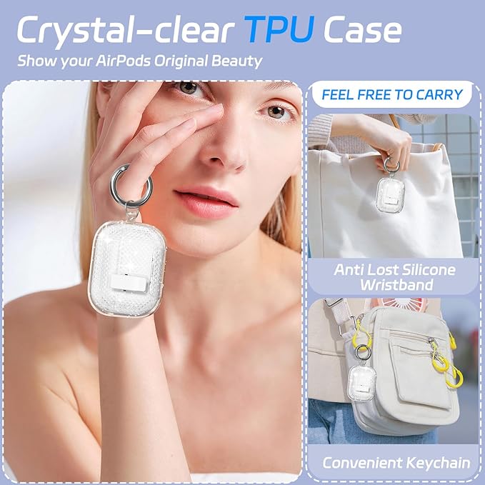 for AirPods Pro 2 Case with Phone Stand & Secure Lock, Auto-Open Clear Cover Compatible with Apple AirPods Pro 2nd/1st Gen (2023,2022,2019) with Cleaning Kit & Keychain (Shine)