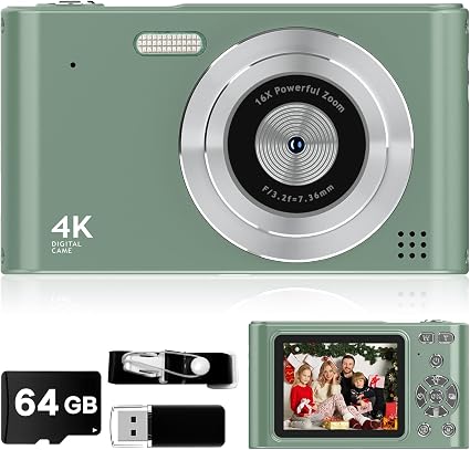 Digital Camera - 1080P Vlog Camera for Teens with 64GB TF Card, 44MP Compact, 16X Zoom Anti-Shake Small Cameras Christmas Birthday Gifts for Boys Girls