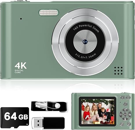Digital Camera - 1080P Vlog Camera for Teens with 64GB TF Card, 44MP Compact, 16X Zoom Anti-Shake Small Cameras Christmas Birthday Gifts for Boys Girls