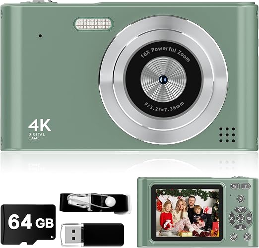 Digital Camera - 1080P Vlog Camera for Teens with 64GB TF Card, 44MP Compact, 16X Zoom Anti-Shake Small Cameras Christmas Birthday Gifts for Boys Girls