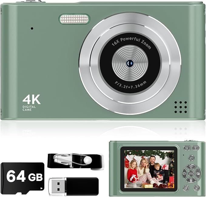 Digital Camera - 1080P Vlog Camera for Teens with 64GB TF Card, 44MP Compact, 16X Zoom Anti-Shake Small Cameras Christmas Birthday Gifts for Boys Girls