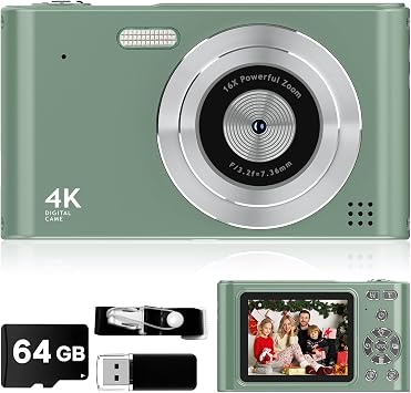 Digital Camera - 1080P Vlog Camera for Teens with 64GB TF Card, 44MP Compact, 16X Zoom Anti-Shake Small Cameras Christmas Birthday Gifts for Boys Girls