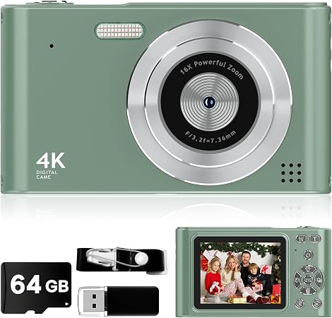 Digital Camera - 1080P Vlog Camera for Teens with 64GB TF Card, 44MP Compact, 16X Zoom Anti-Shake Small Cameras Christmas Birthday Gifts for Boys Girls