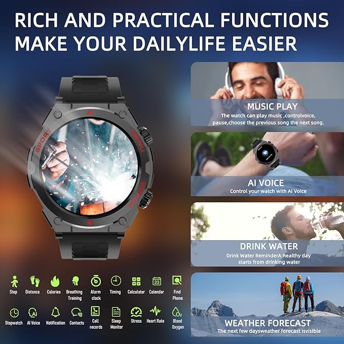 Military Smart Watches for Men(Answer/Make Calls), 1.52" HD Fitness Watch, AI Built-in,Heart Rate Sleep Monitor, AI Face,100+ Sport Modes, Text, IP68 Waterproof Smartwatch for Android iOS