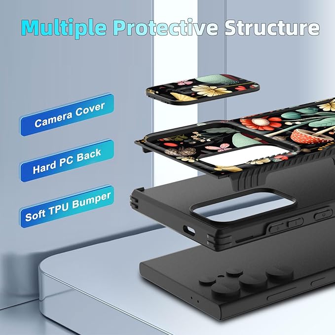 for Galaxy S24 Ultra Case Built in Slide Camera Lens Cover,Heavy Duty Shockproof Protection Dual Layer Case for Samsung Galaxy S24 Ultra 6.8" 2024,Mushroom Forest