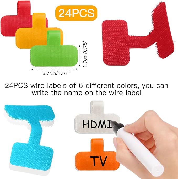 Cord Labels for Electronics Write On,24 PCS Reusable Cable Labels Tags,Colorful Wire Labels to Identify Charging Cords,with 1 Marker