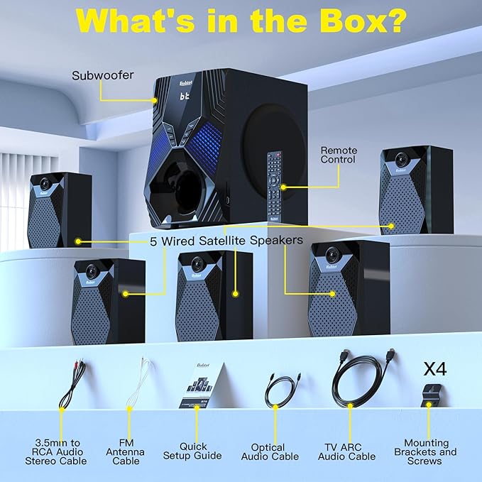 Bobtot Home Theater System, 1000 Watts Peak Power Surround Sound Systems 5 Wired Satellite Audio Speakers 8" Subwoofer 5.1/2.1 Channel Deep Bass with ARC Optical Bluetooth AUX Input