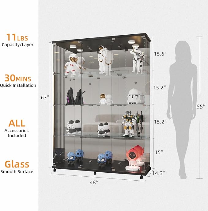LFT HUIMEI2Y Glass Display Cabinet 12 Shelves with 3 Columns 2 Doors, LED Light, Mirror and Lock, Curio Cabinets Quick-Install Style Tempered Glass Bookshelf for Living Room, Kitchen Black