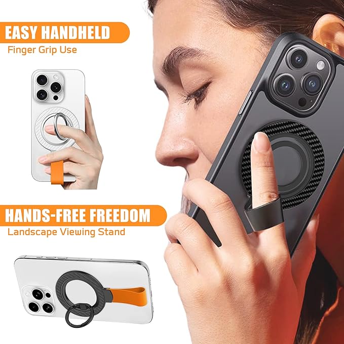 Magnetic Phone Grip with Magnet Stand – 360° Rotatable Finger Ring Holder & Strong Kickstand, Compatible with iPhone 16/15/14/13/12 Series (Hands-Free Viewing) (BlackOrange)