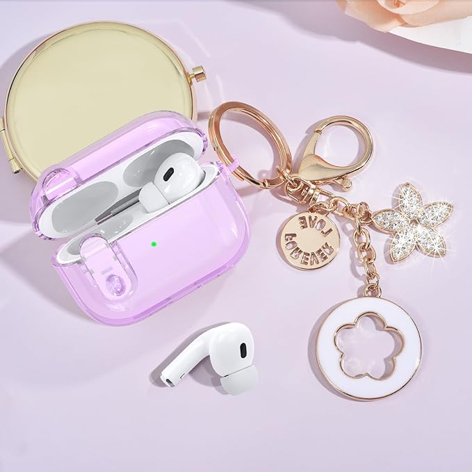 (with Lock) Clear Case Compatible for Cute Apple Airpods Pro 2 Cases Women, VISOOM TPU Transparency Air pods Pro 1st 2nd Generation Purpl Soft iPods Earbuds Case Bling Keychain for Airpod Pro2/1