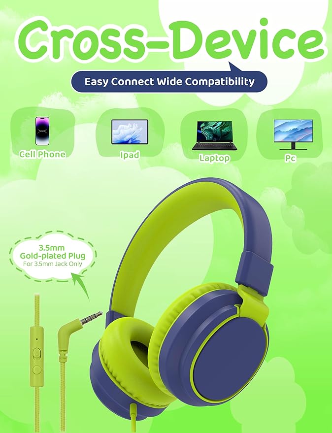 MIDOLA Volume Limited 85/110dB Kids Headphone Over-Ear/On-Ear Foldable Sound Noise Protection Headset with Inline AUX 3.5mm Cord w/Mic for Child School Cellphone Pad PC Notebook DeepBlueSky