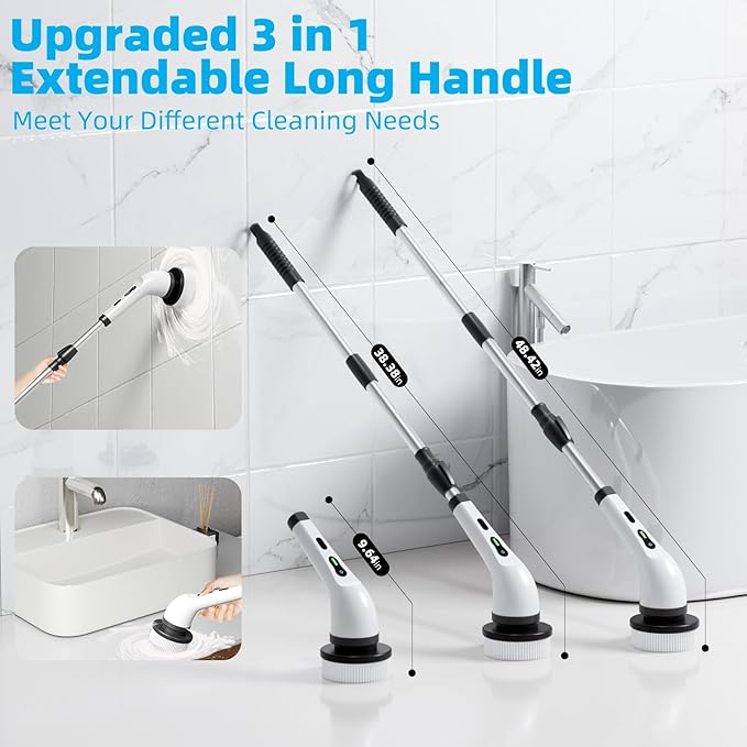 Electric Spin Scrubber Cordless, Electric Scrubber for Cleaning Bathroom with Long Handle, Electric Shower Scrubber, Power Cleaning Brush with 9 Brush Heads for Bathtub Tile Floor Car