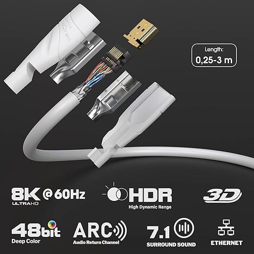 KabelDirekt – 8K / 4K HDMI Cable – 9ft & More HDMI Cables (0.5ft–75ft) – German-Engineered HDMI Cord – Supports 10K/8K@60Hz/4K@120Hz – HDMI Cable for HDTV, PC, PS5, Xbox, Switch, White